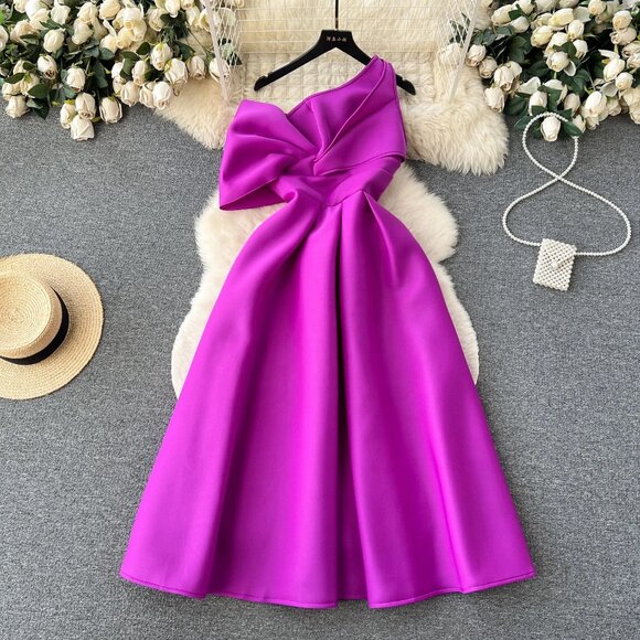 Elegant Purple Satin One-Shoulder Dress with Bow Detail Back Zipper Plus Size - Picture 2 of 6